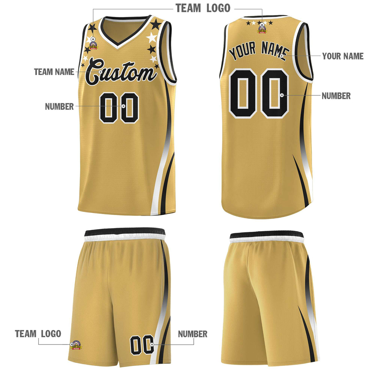 Custom Old Gold Shoulders Star Pattern Side Color Block Sports Uniform Basketball Jersey