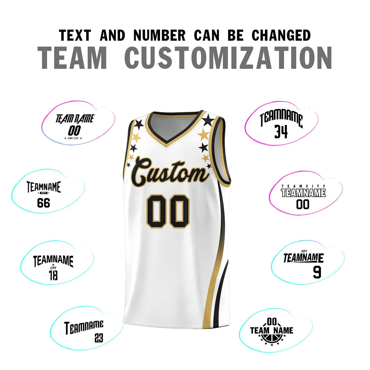 Custom White Shoulders Star Pattern Side Color Block Sports Uniform Basketball Jersey
