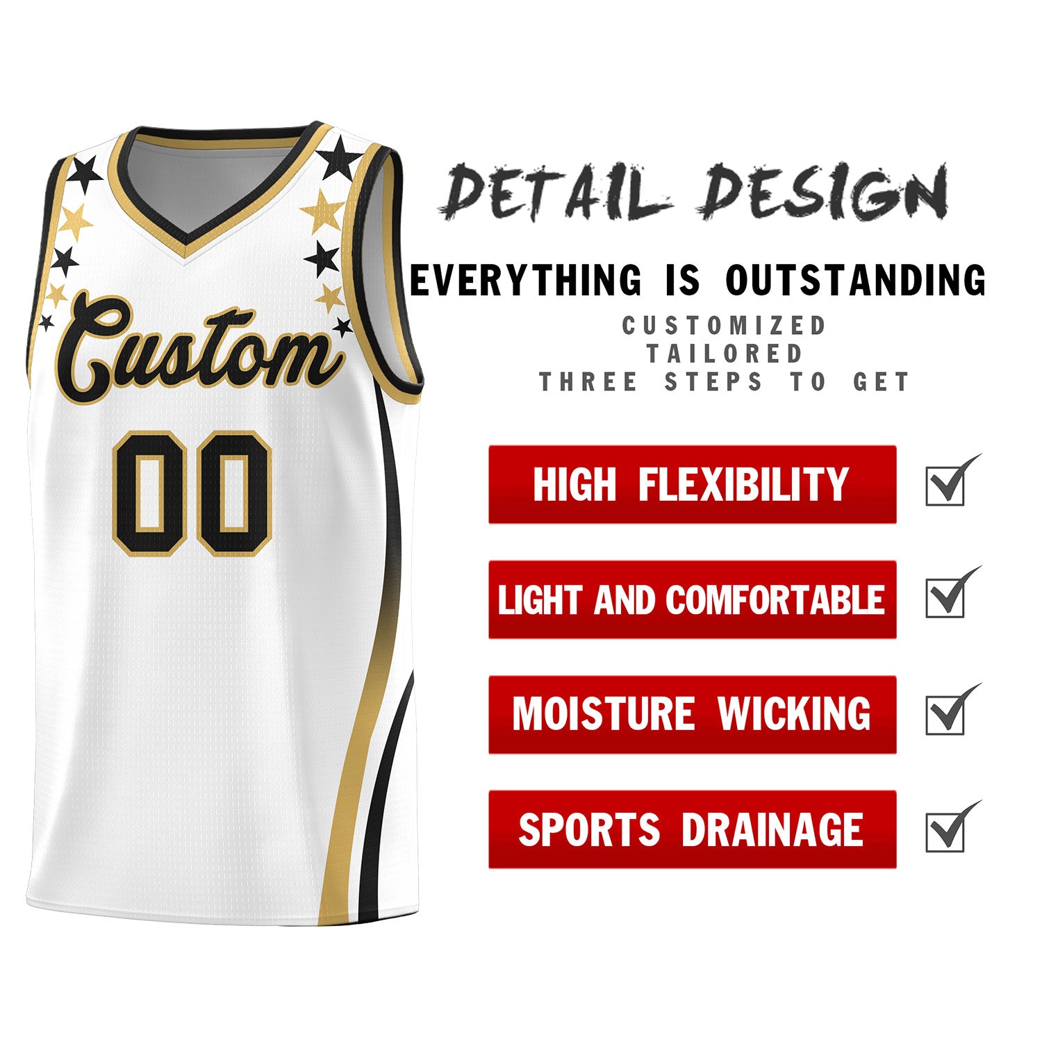 Custom White Shoulders Star Pattern Side Color Block Sports Uniform Basketball Jersey