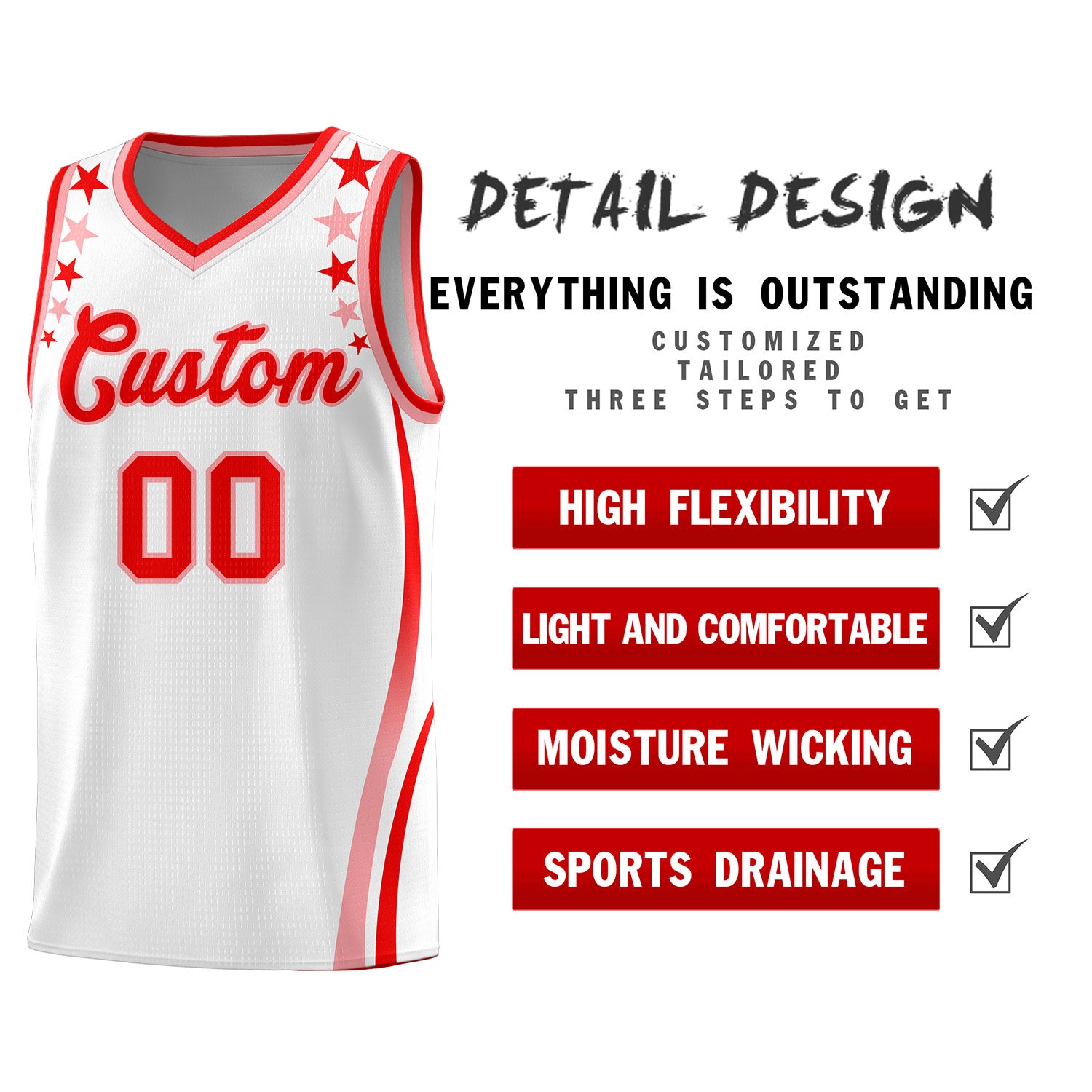 Custom White Shoulders Star Pattern Side Color Block Sports Uniform Basketball Jersey