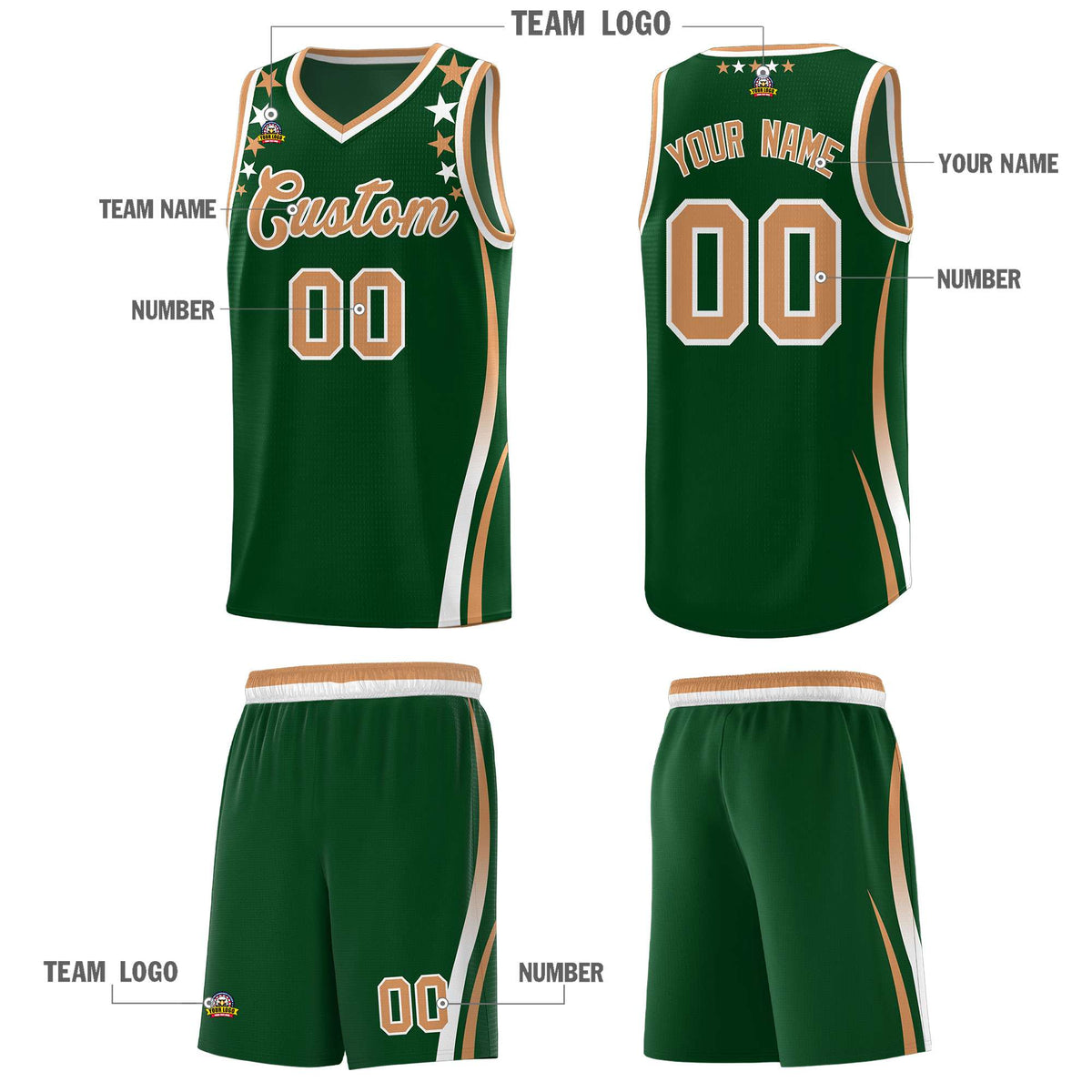 Custom Green Shoulders Star Pattern Side Color Block Sports Uniform Basketball Jersey