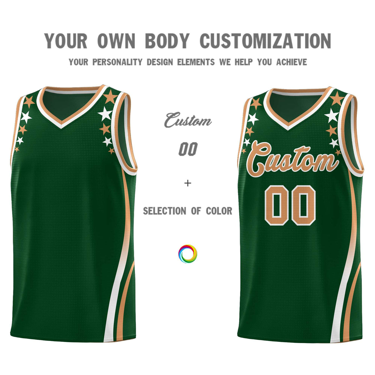 Custom Green Shoulders Star Pattern Side Color Block Sports Uniform Basketball Jersey