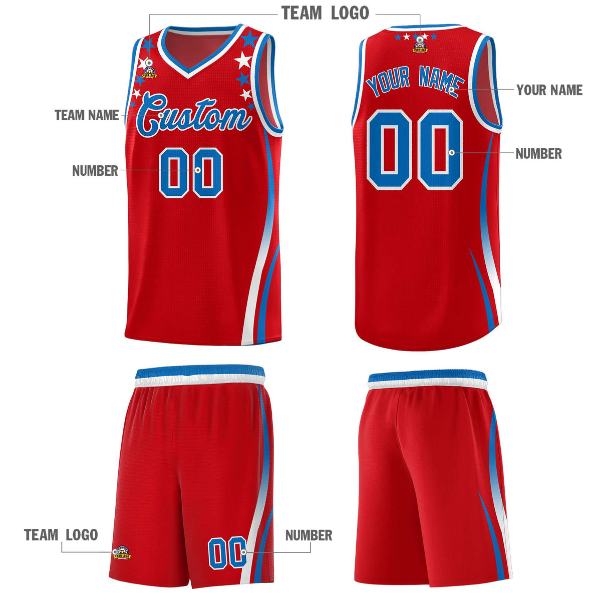 Custom Red Shoulders Star Pattern Side Color Block Sports Uniform Basketball Jersey