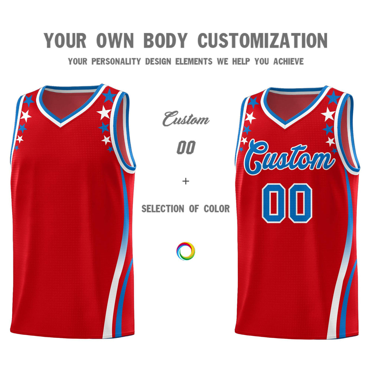 Custom Red Shoulders Star Pattern Side Color Block Sports Uniform Basketball Jersey