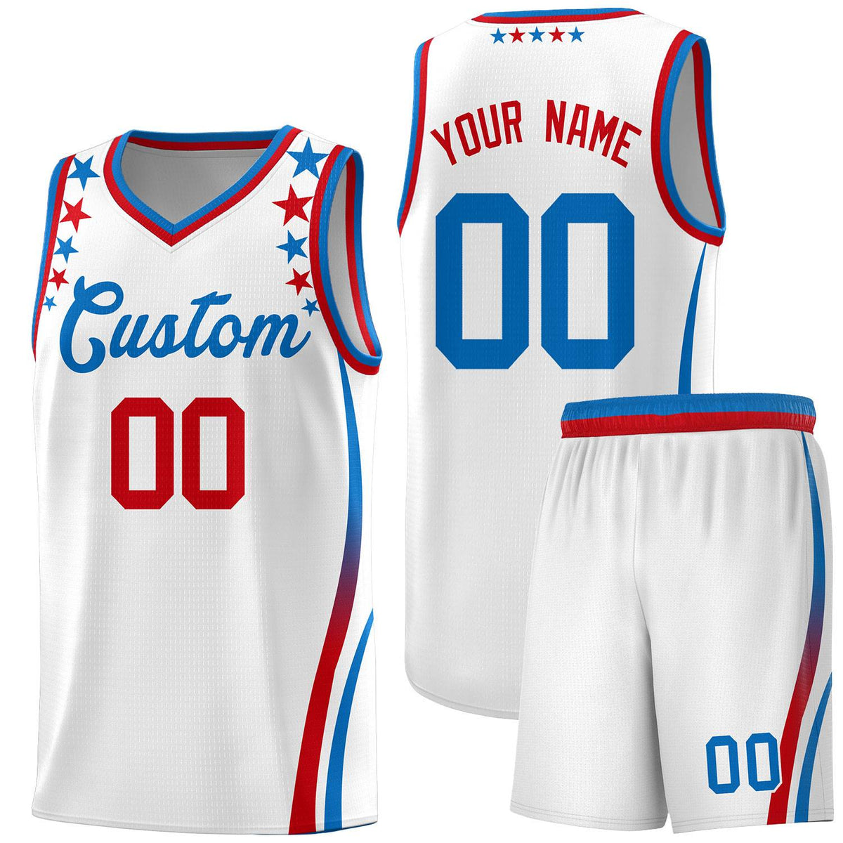 Custom White Shoulders Star Pattern Side Color Block Sports Uniform Basketball Jersey