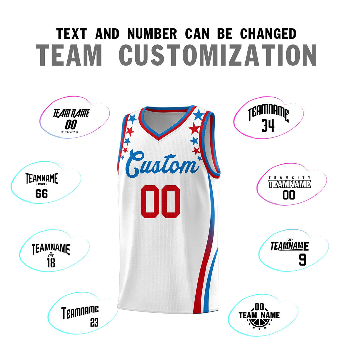 Custom White Shoulders Star Pattern Side Color Block Sports Uniform Basketball Jersey