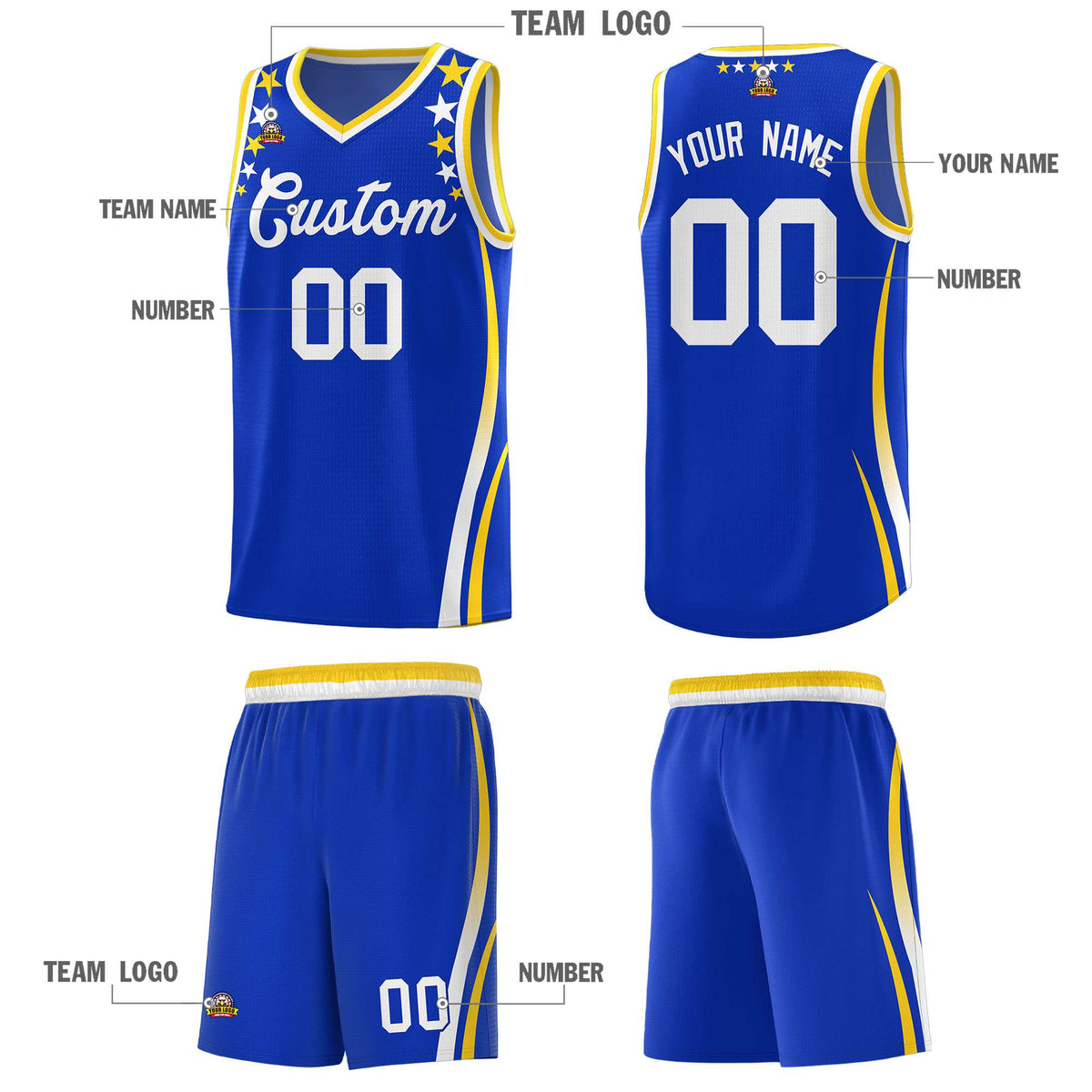 Custom Royal Shoulders Star Pattern Side Color Block Sports Uniform Basketball Jersey