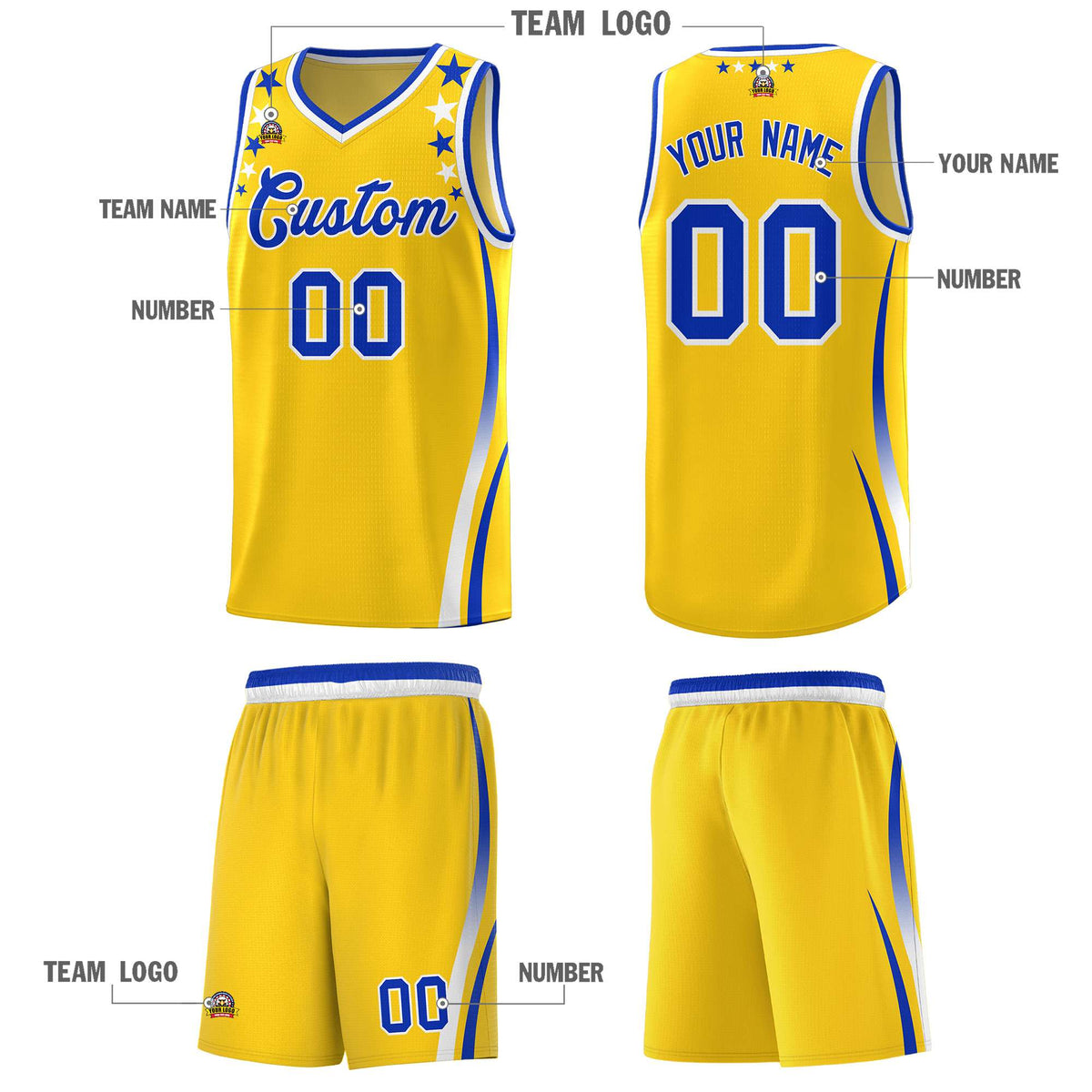 Custom Gold Shoulders Star Pattern Side Color Block Sports Uniform Basketball Jersey