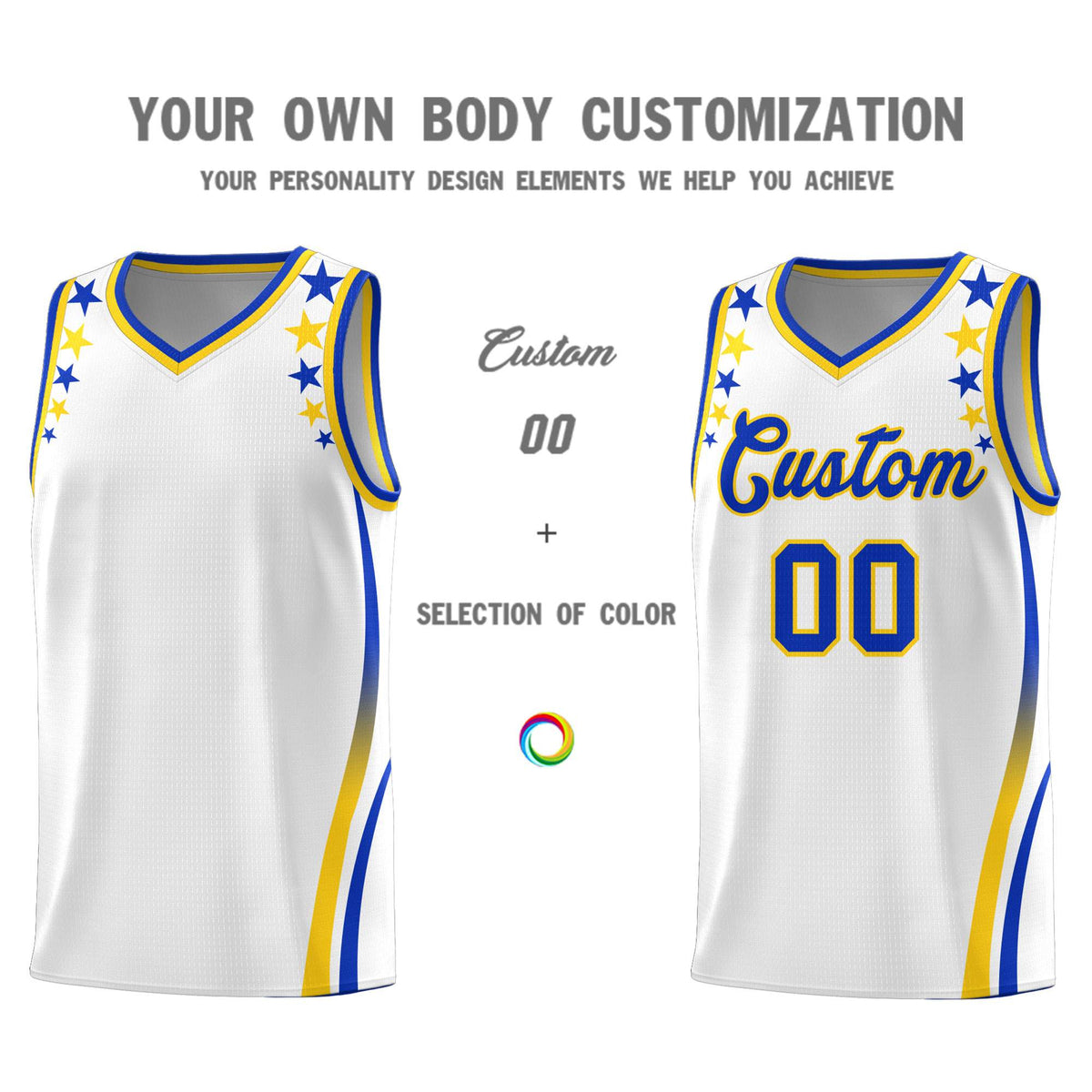 Custom White Shoulders Star Pattern Side Color Block Sports Uniform Basketball Jersey
