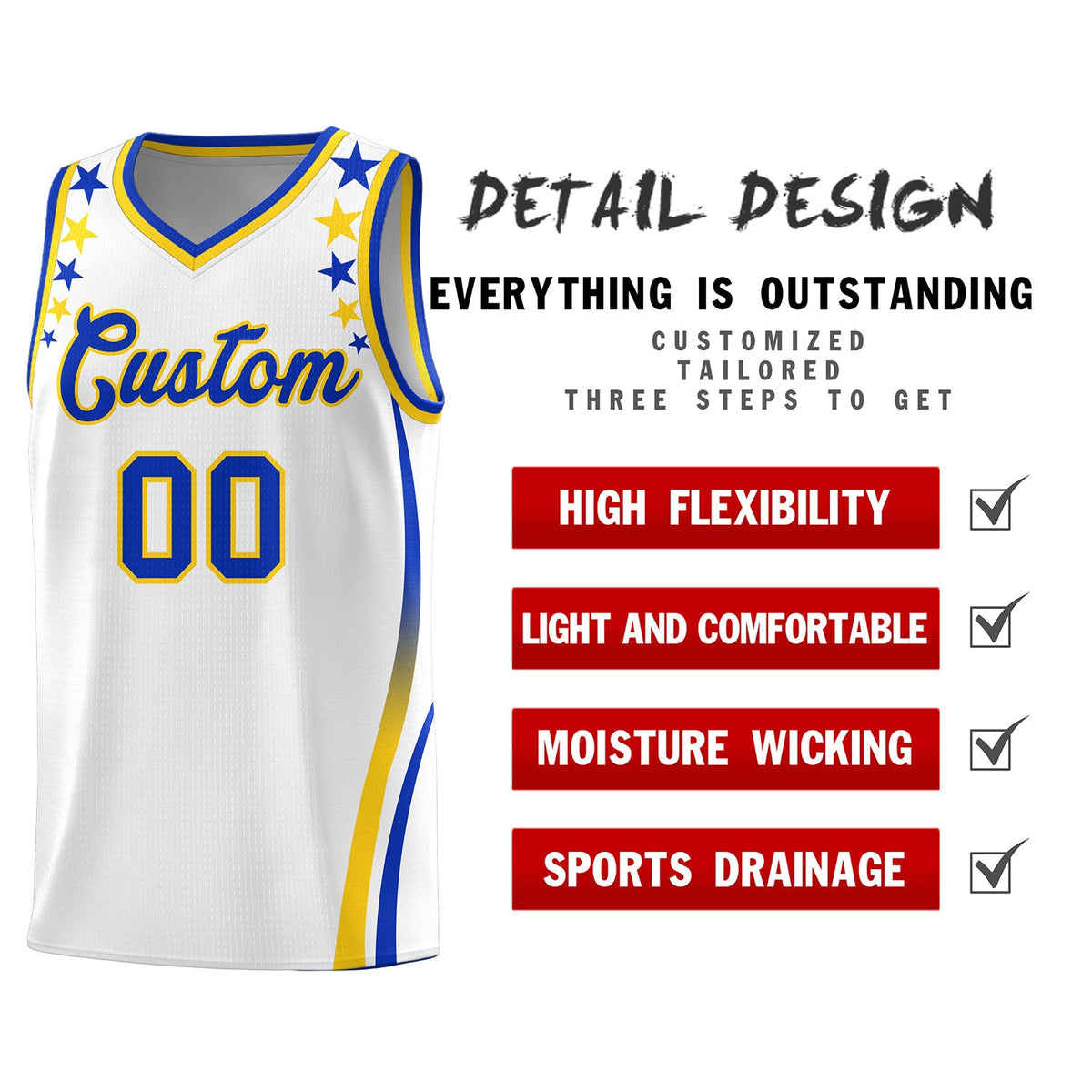 Custom White Shoulders Star Pattern Side Color Block Sports Uniform Basketball Jersey