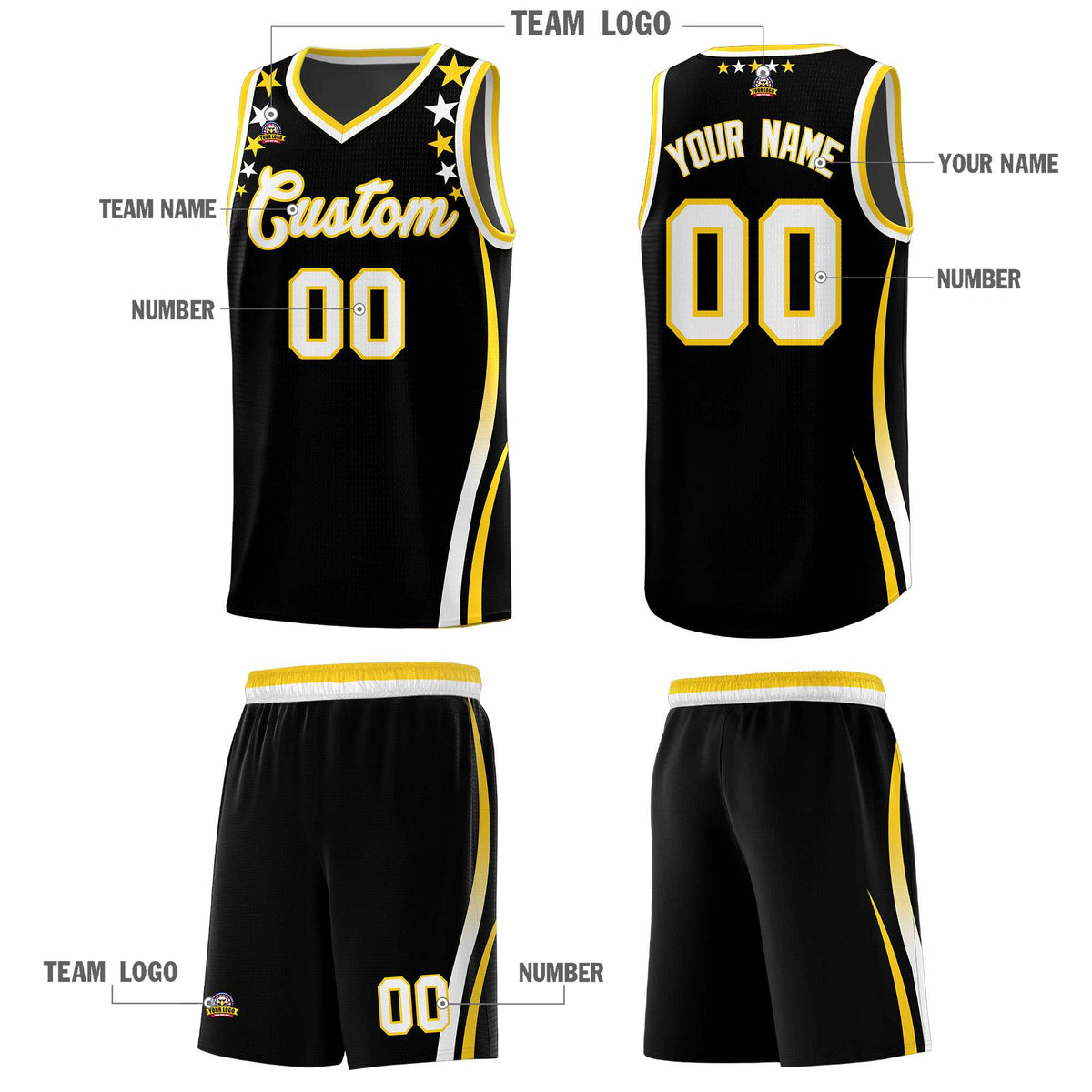Custom Black Shoulders Star Pattern Side Color Block Sports Uniform Basketball Jersey