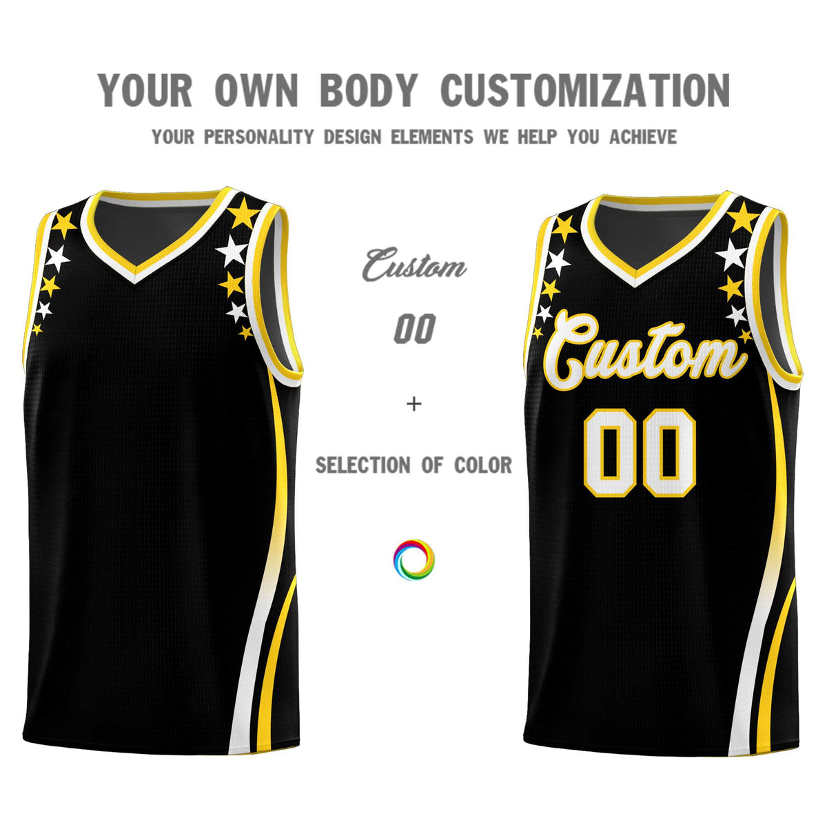 Custom Black Shoulders Star Pattern Side Color Block Sports Uniform Basketball Jersey