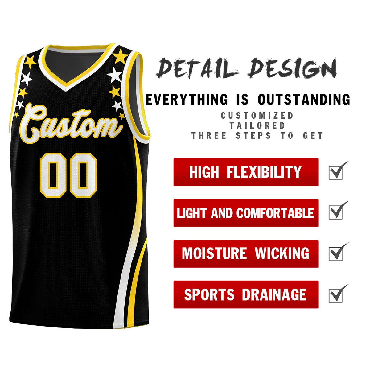 Custom Black Shoulders Star Pattern Side Color Block Sports Uniform Basketball Jersey
