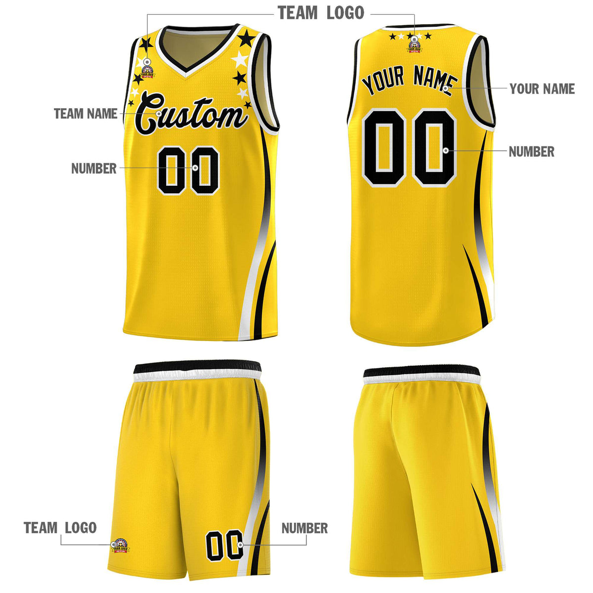 Custom Gold Shoulders Star Pattern Side Color Block Sports Uniform Basketball Jersey