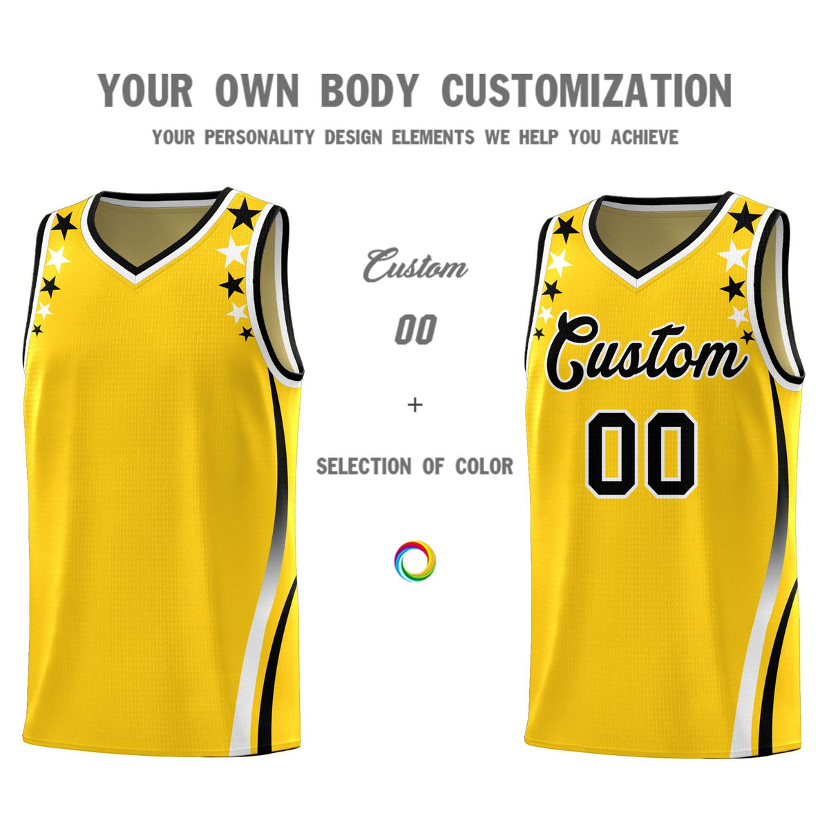 Custom Gold Shoulders Star Pattern Side Color Block Sports Uniform Basketball Jersey