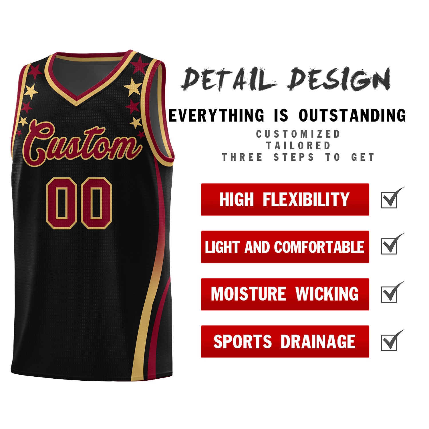 Custom Black Shoulders Star Pattern Side Color Block Sports Uniform Basketball Jersey