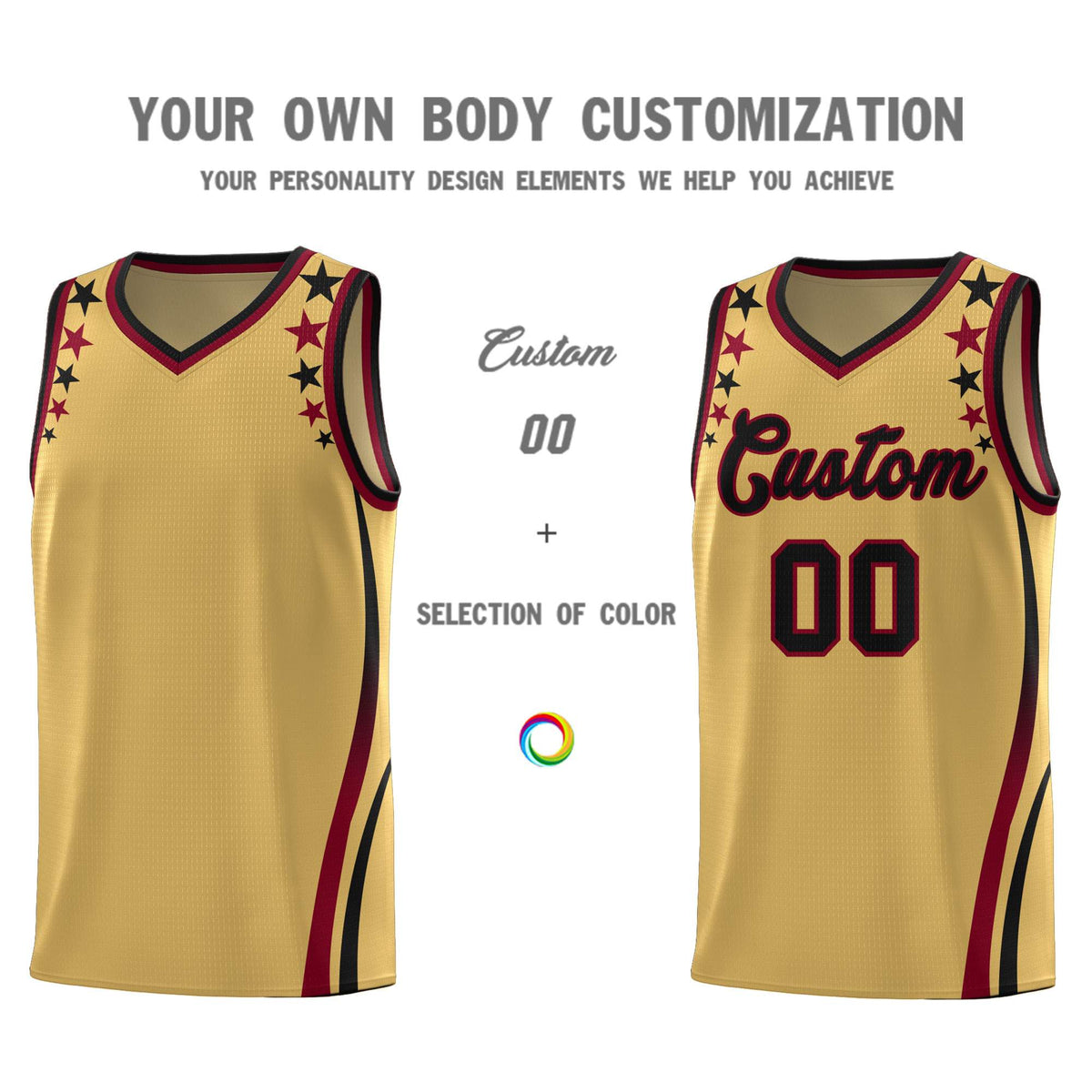 Custom Old Gold Shoulders Star Pattern Side Color Block Sports Uniform Basketball Jersey