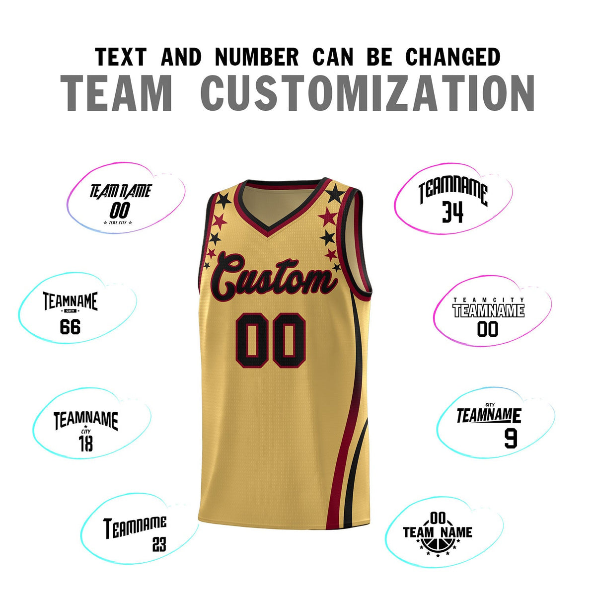 Custom Old Gold Shoulders Star Pattern Side Color Block Sports Uniform Basketball Jersey