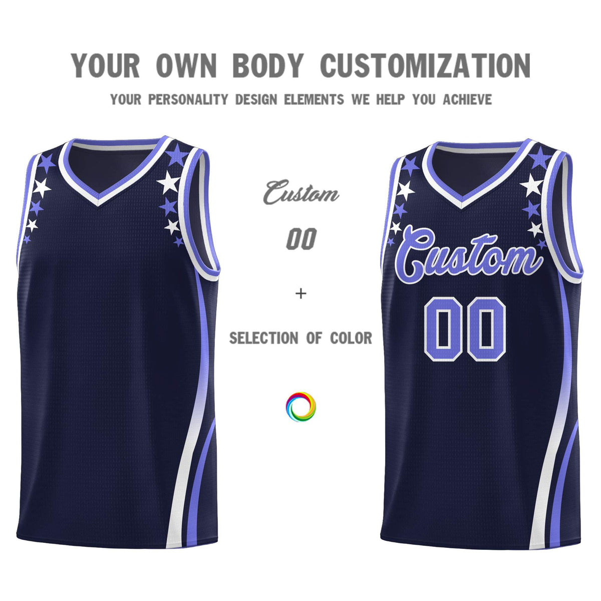 Custom Navy Shoulders Star Pattern Side Color Block Sports Uniform Basketball Jersey