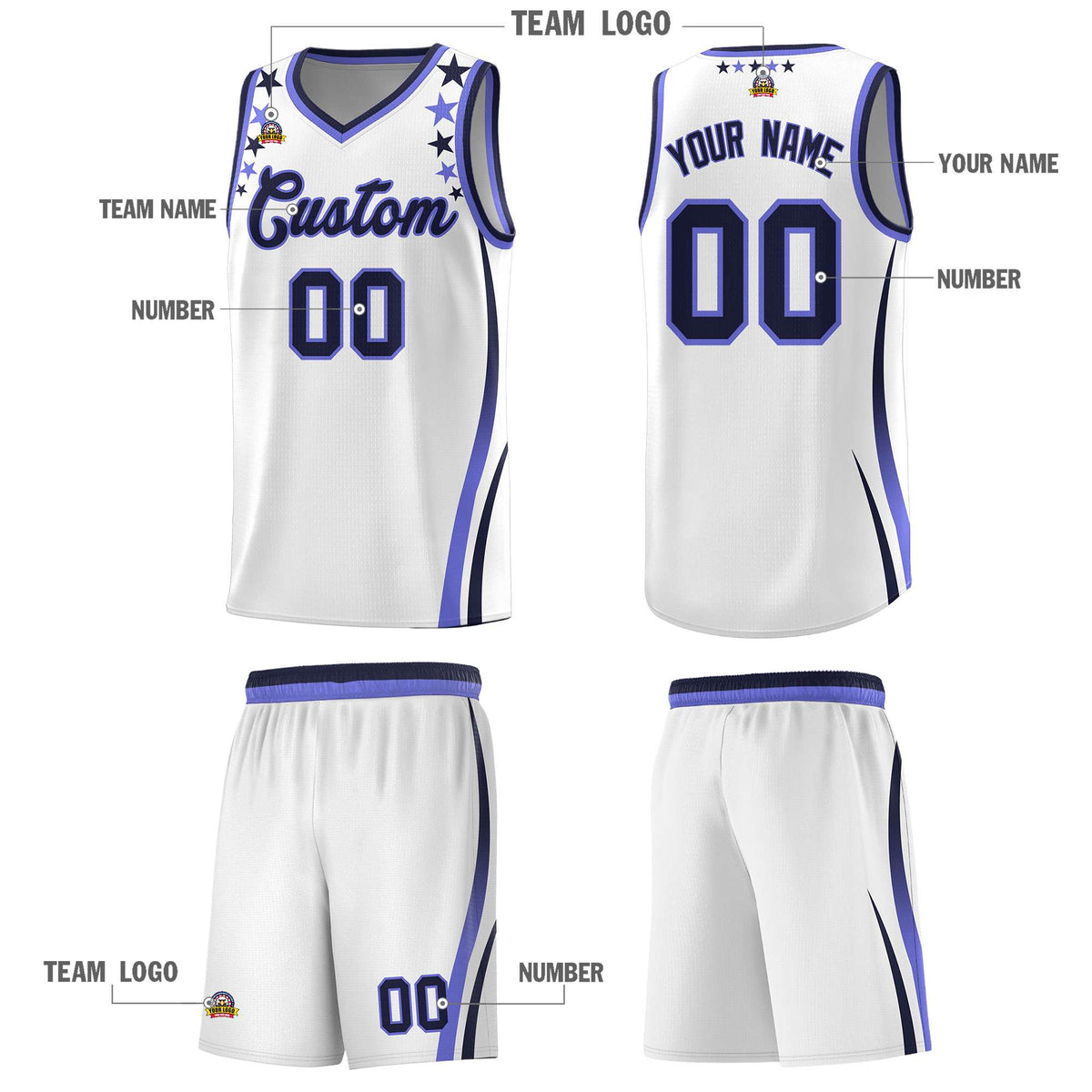 Custom White Shoulders Star Pattern Side Color Block Sports Uniform Basketball Jersey
