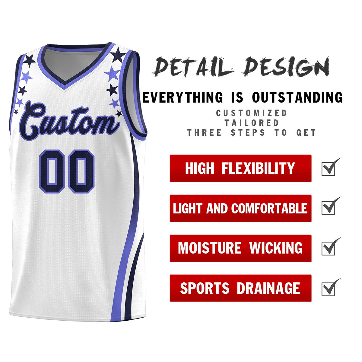 Custom White Shoulders Star Pattern Side Color Block Sports Uniform Basketball Jersey