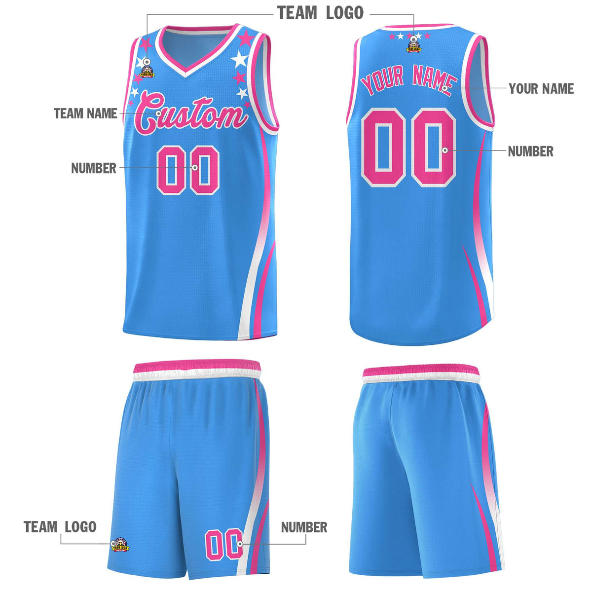Custom Light Blue Shoulders Star Pattern Side Color Block Sports Uniform Basketball Jersey