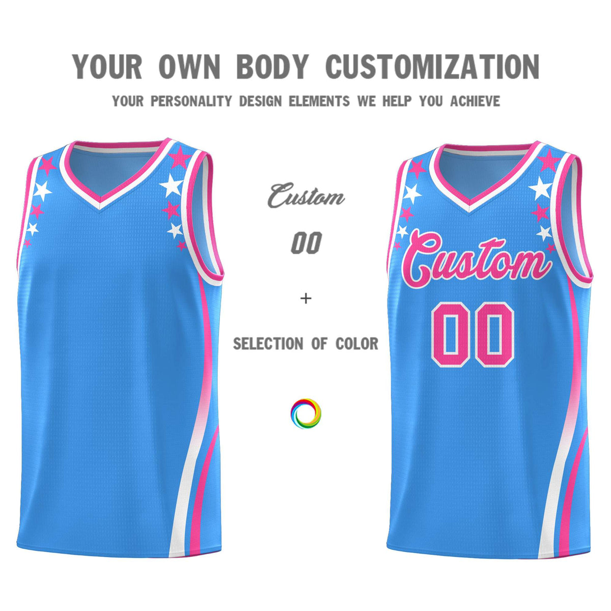 Custom Light Blue Shoulders Star Pattern Side Color Block Sports Uniform Basketball Jersey