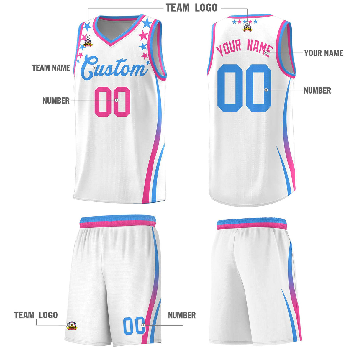 Custom White Shoulders Star Pattern Side Color Block Sports Uniform Basketball Jersey