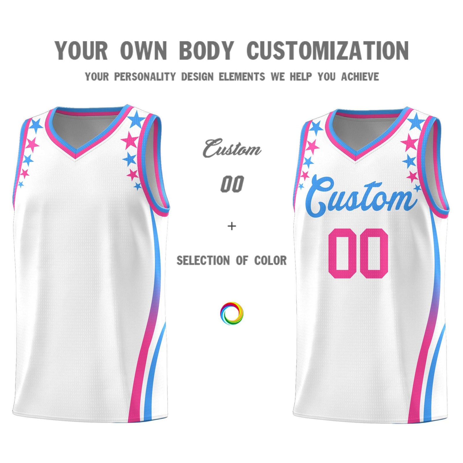 Custom White Shoulders Star Pattern Side Color Block Sports Uniform Basketball Jersey