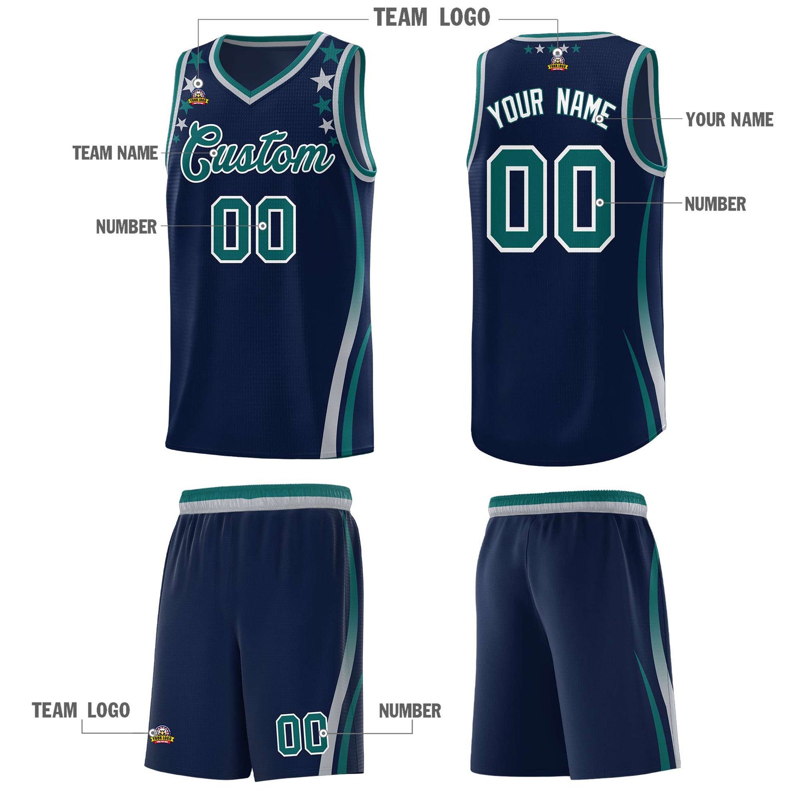 Custom Navy Shoulders Star Pattern Side Color Block Sports Uniform Basketball Jersey