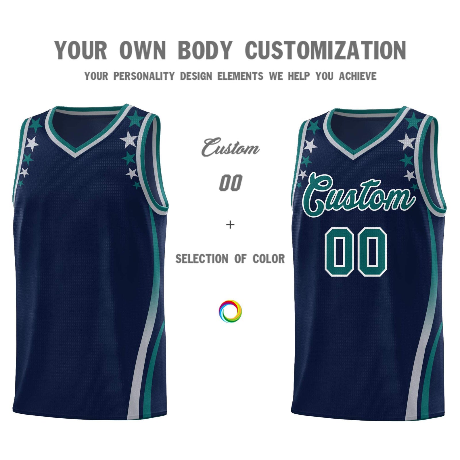 Custom Navy Shoulders Star Pattern Side Color Block Sports Uniform Basketball Jersey