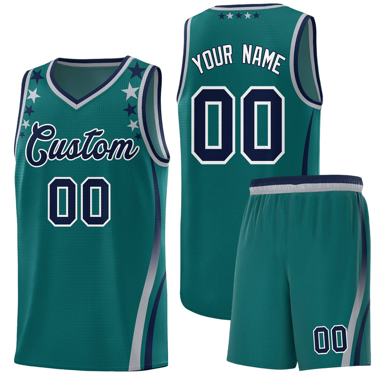 Custom Aqua Shoulders Star Pattern Side Color Block Sports Uniform Basketball Jersey