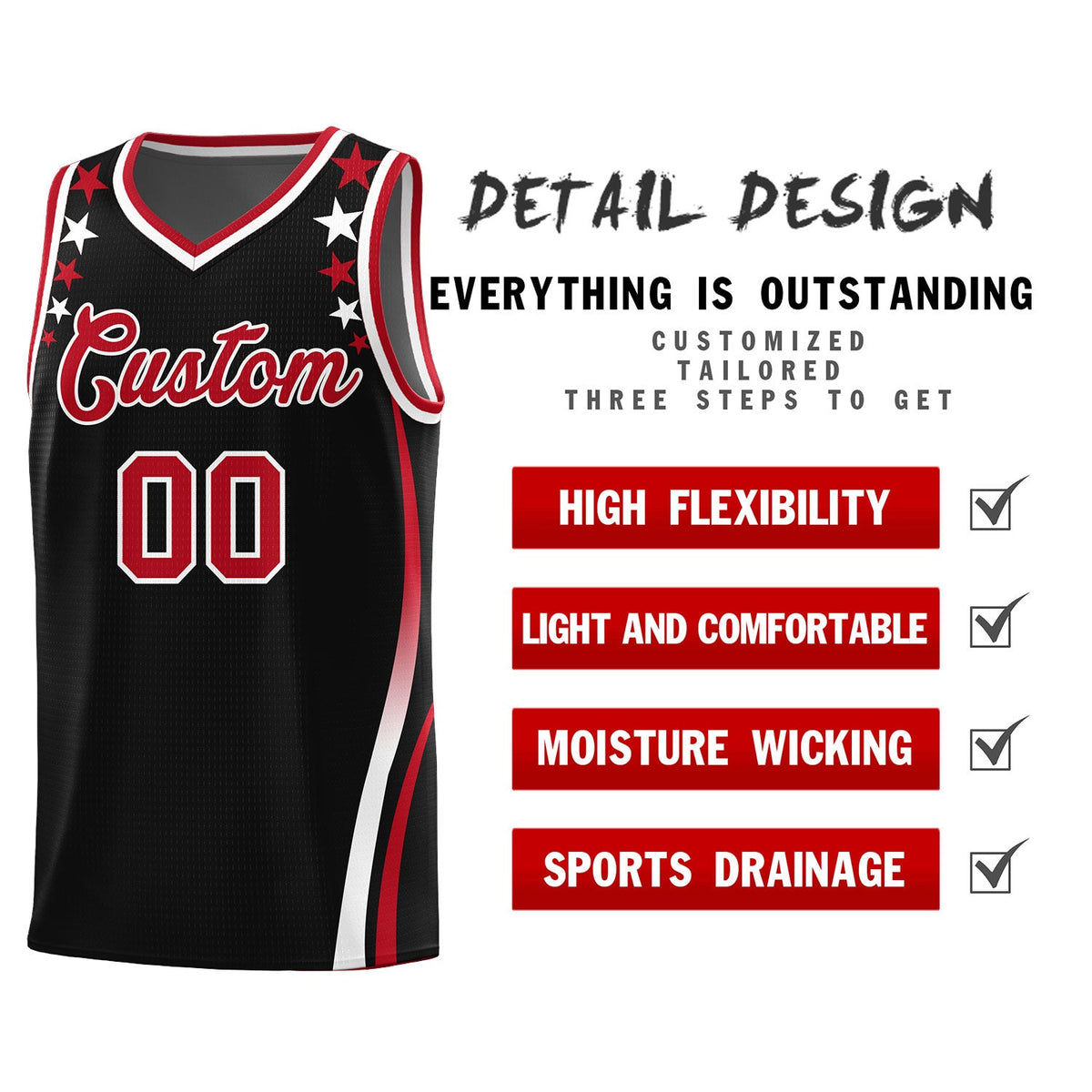 Custom Black Shoulders Star Pattern Side Color Block Sports Uniform Basketball Jersey