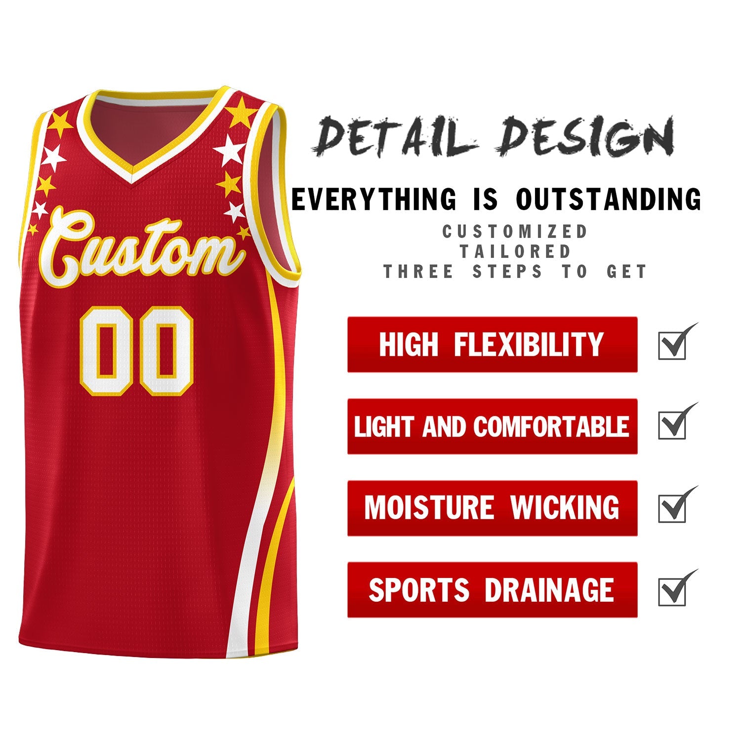 Custom Red Shoulders Star Pattern Side Color Block Sports Uniform Basketball Jersey
