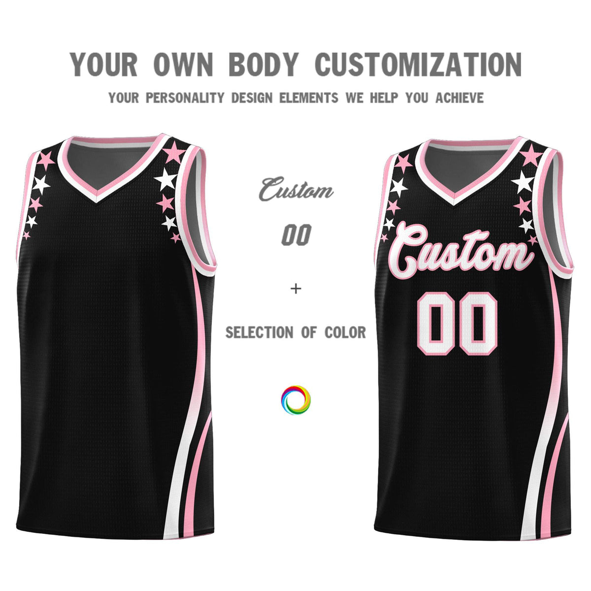 Custom Black Shoulders Star Pattern Side Color Block Sports Uniform Basketball Jersey