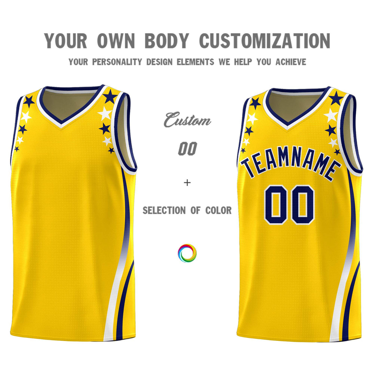 Custom Gold Shoulders Star Pattern Side Color Block Sports Uniform Basketball Jersey