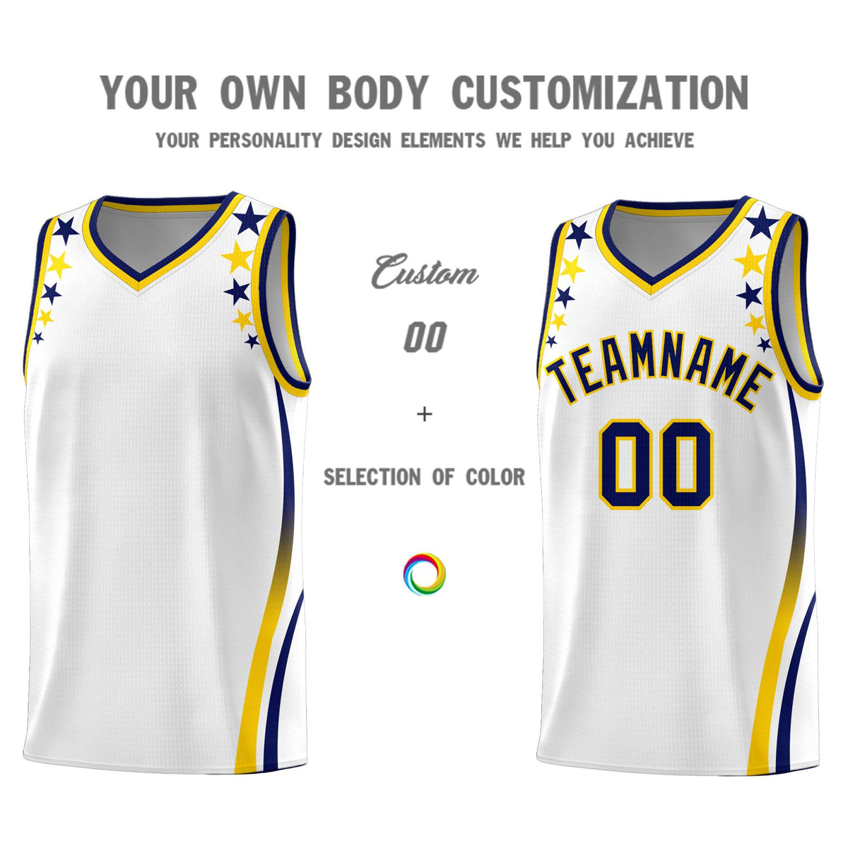 Custom White Shoulders Star Pattern Side Color Block Sports Uniform Basketball Jersey