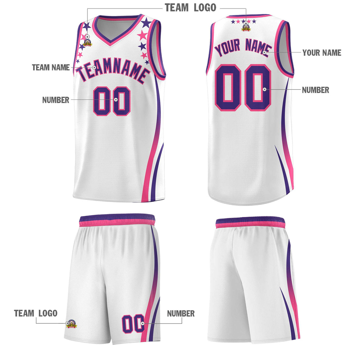 Custom White Shoulders Star Pattern Side Color Block Sports Uniform Basketball Jersey