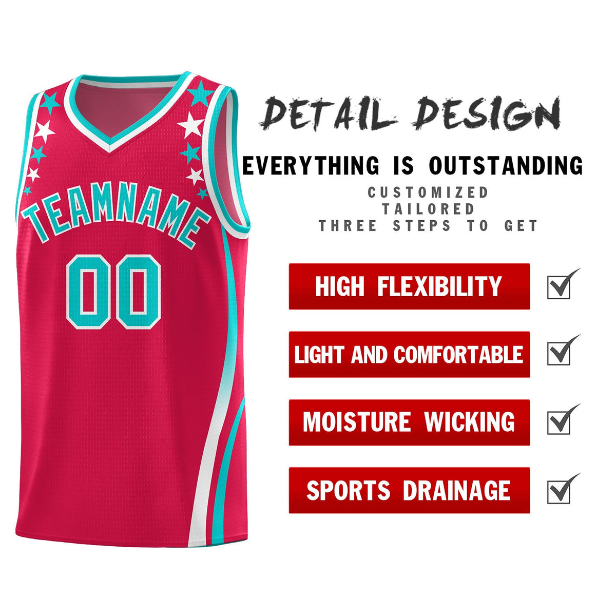 Custom Red Shoulders Star Pattern Side Color Block Sports Uniform Basketball Jersey