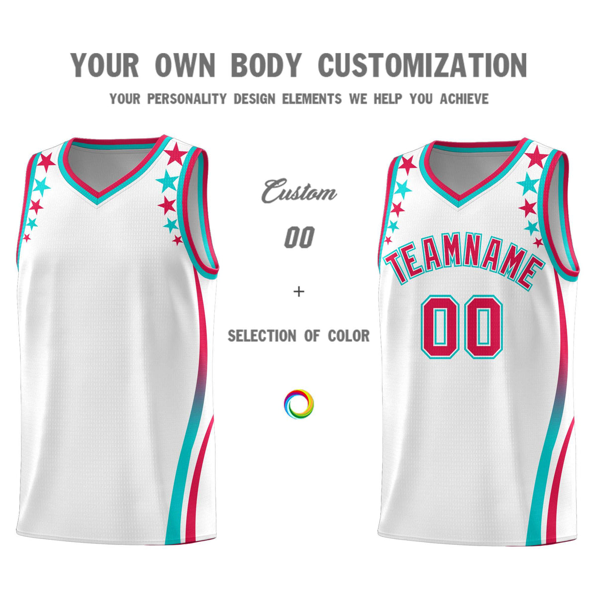 Custom White Shoulders Star Pattern Side Color Block Sports Uniform Basketball Jersey
