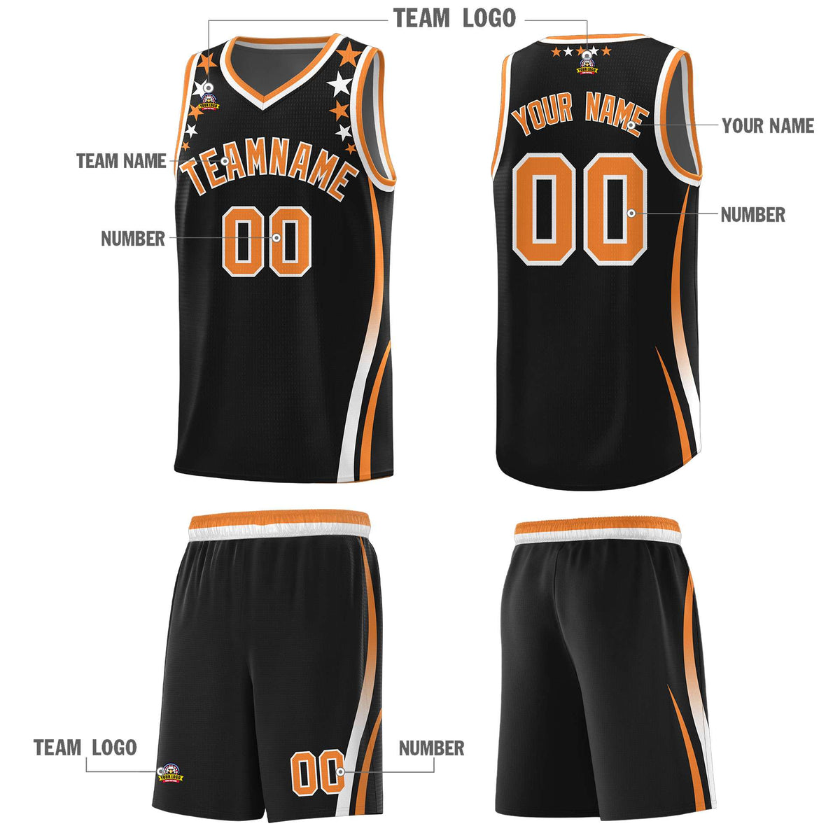 Custom Black Shoulders Star Pattern Side Color Block Sports Uniform Basketball Jersey