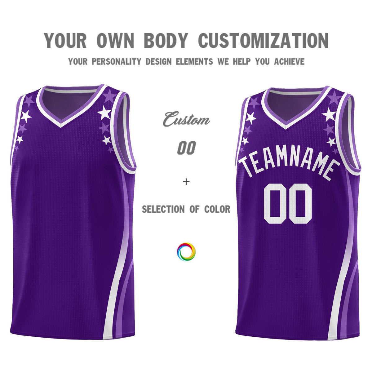 Custom Purple Shoulders Star Pattern Side Color Block Sports Uniform Basketball Jersey