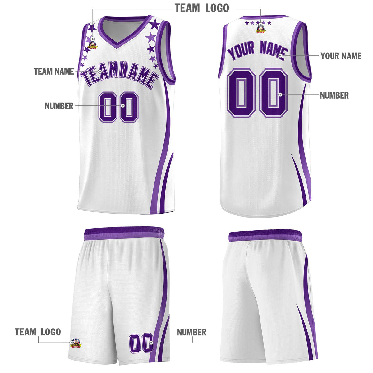 Custom White Shoulders Star Pattern Side Color Block Sports Uniform Basketball Jersey