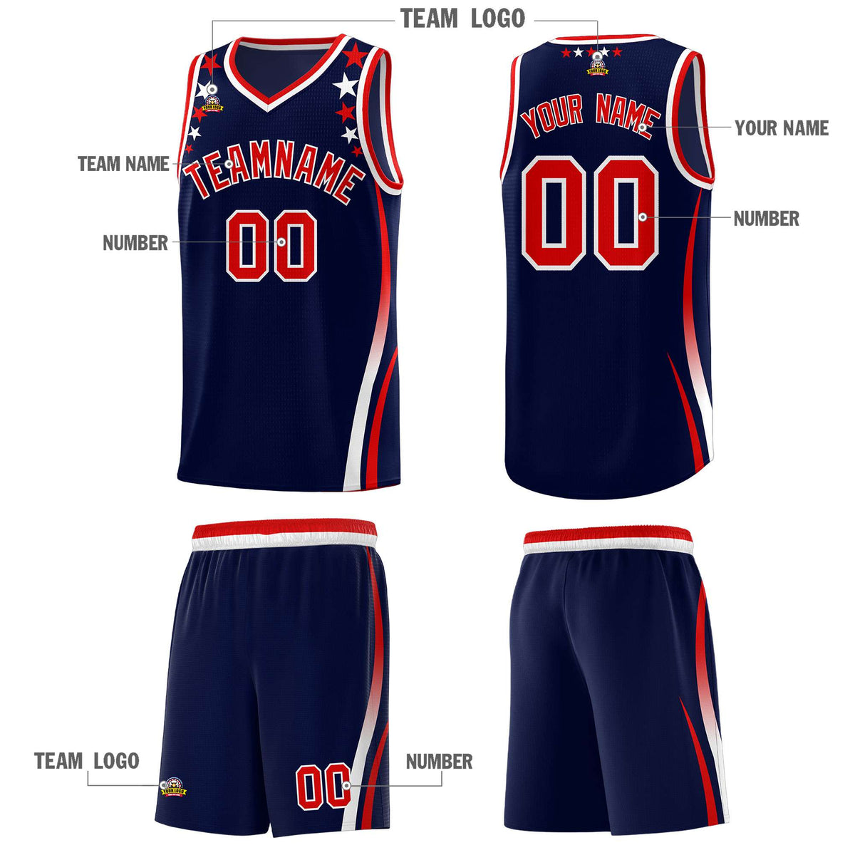 Custom Navy Shoulders Star Pattern Side Color Block Sports Uniform Basketball Jersey