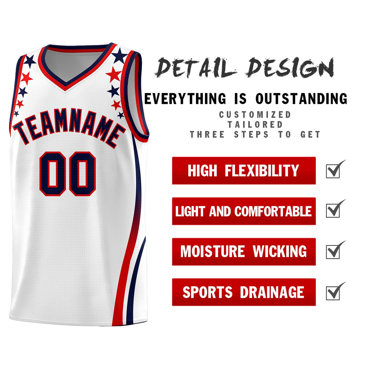 Custom White Shoulders Star Pattern Side Color Block Sports Uniform Basketball Jersey