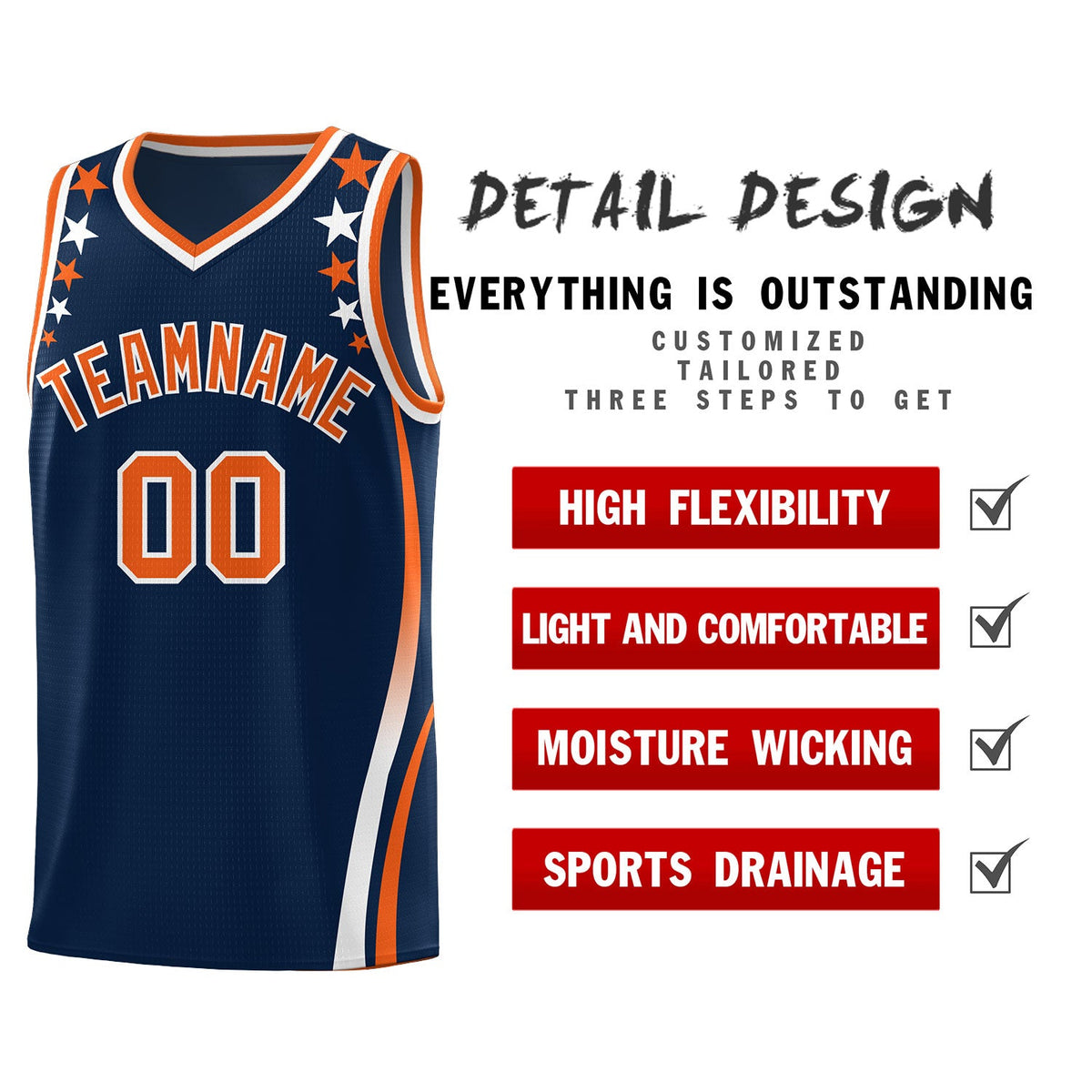 Custom Navy Shoulders Star Pattern Side Color Block Sports Uniform Basketball Jersey