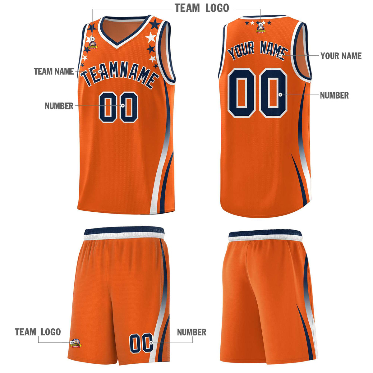 Custom Orange Shoulders Star Pattern Side Color Block Sports Uniform Basketball Jersey