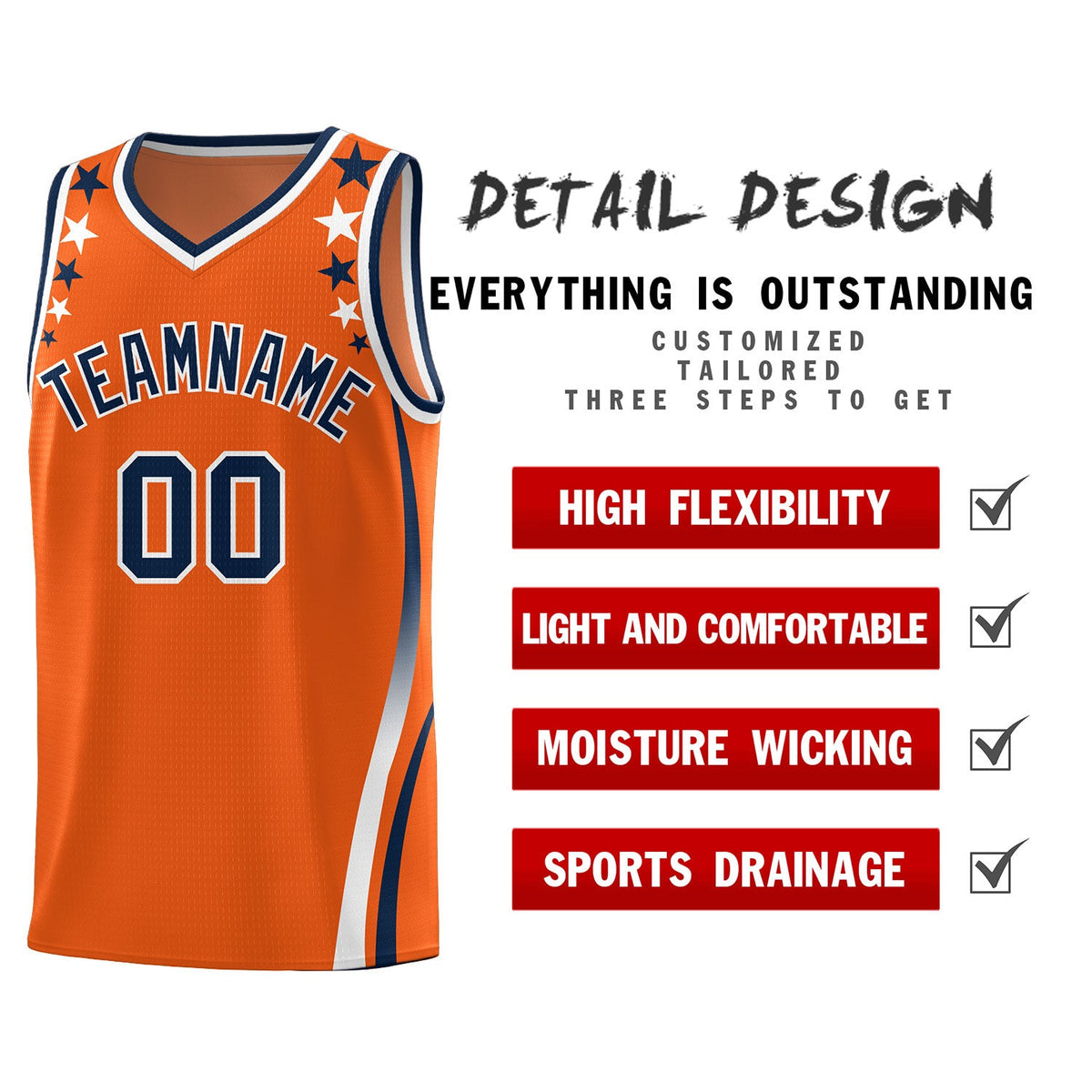 Custom Orange Shoulders Star Pattern Side Color Block Sports Uniform Basketball Jersey
