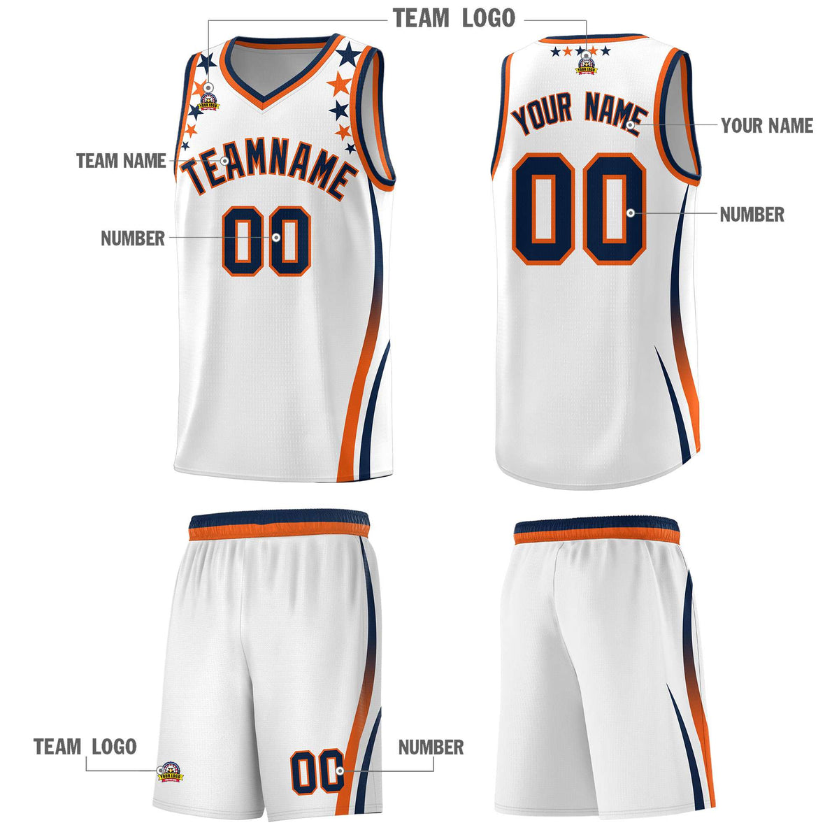 Custom White Shoulders Star Pattern Side Color Block Sports Uniform Basketball Jersey