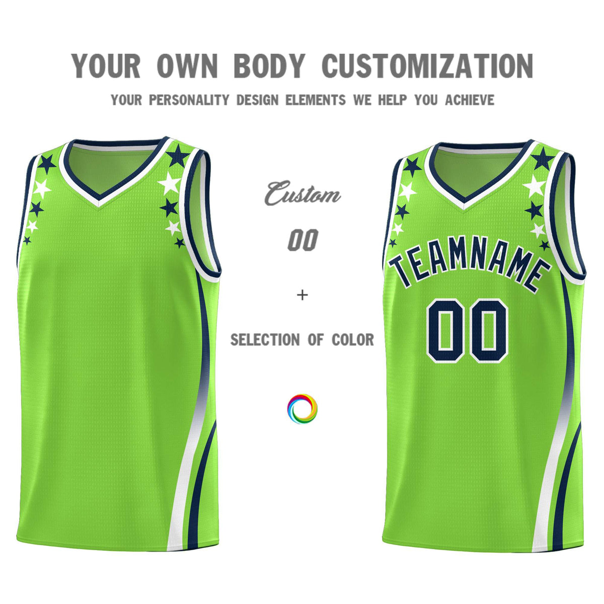 Custom Neon Green Shoulders Star Pattern Side Color Block Sports Uniform Basketball Jersey